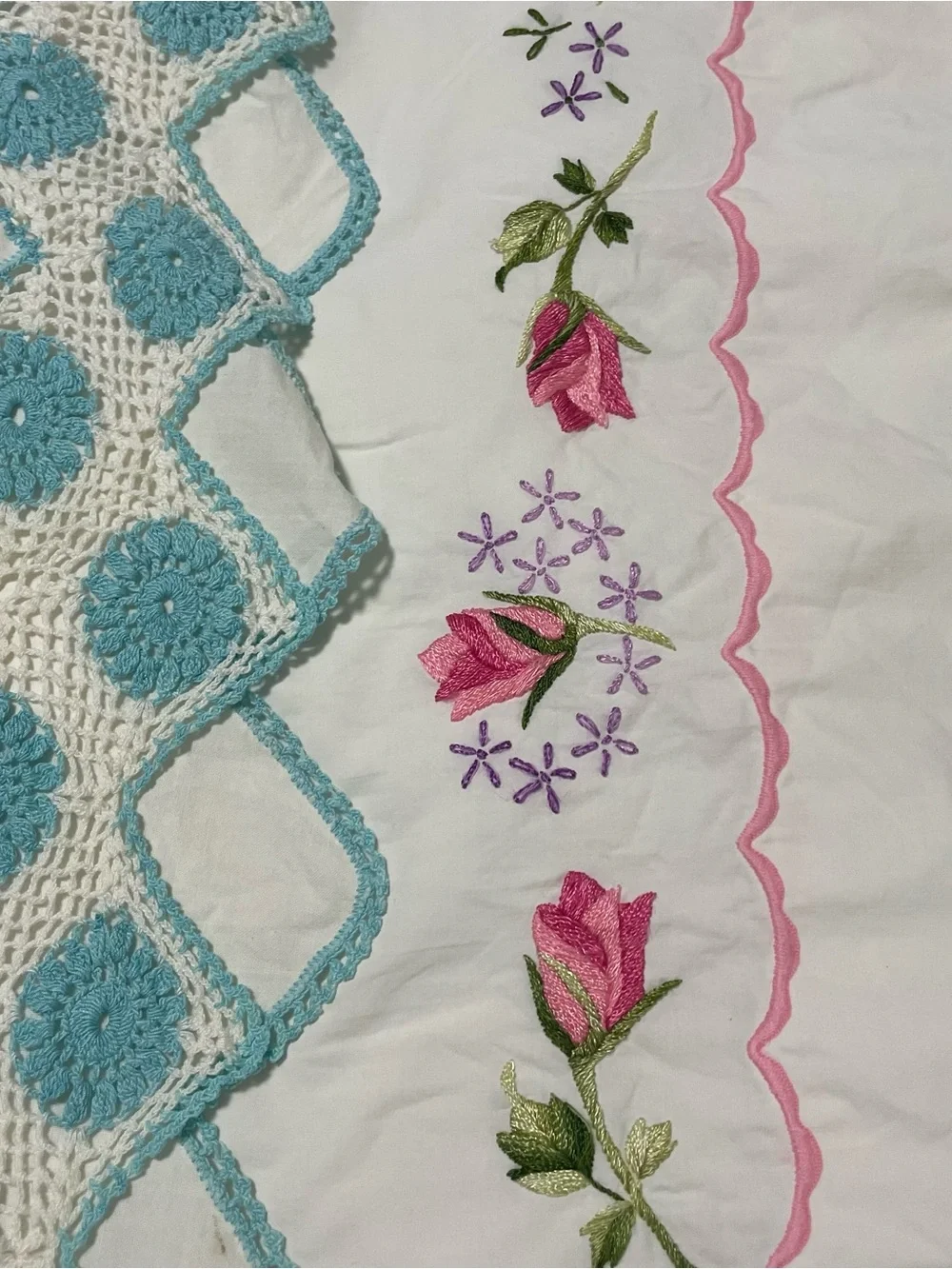 Vintage Bundle of 7 Embroidered Floral and Crochet Pillowcases